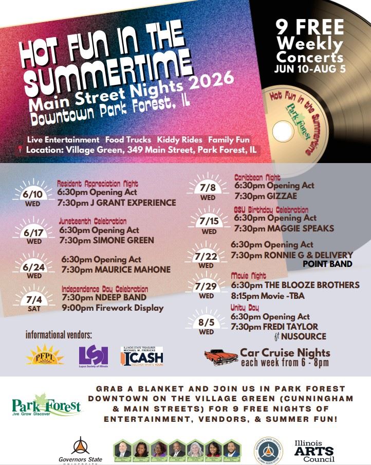 This is a flyer detailing the Main Street Nights 2026 schedule. 